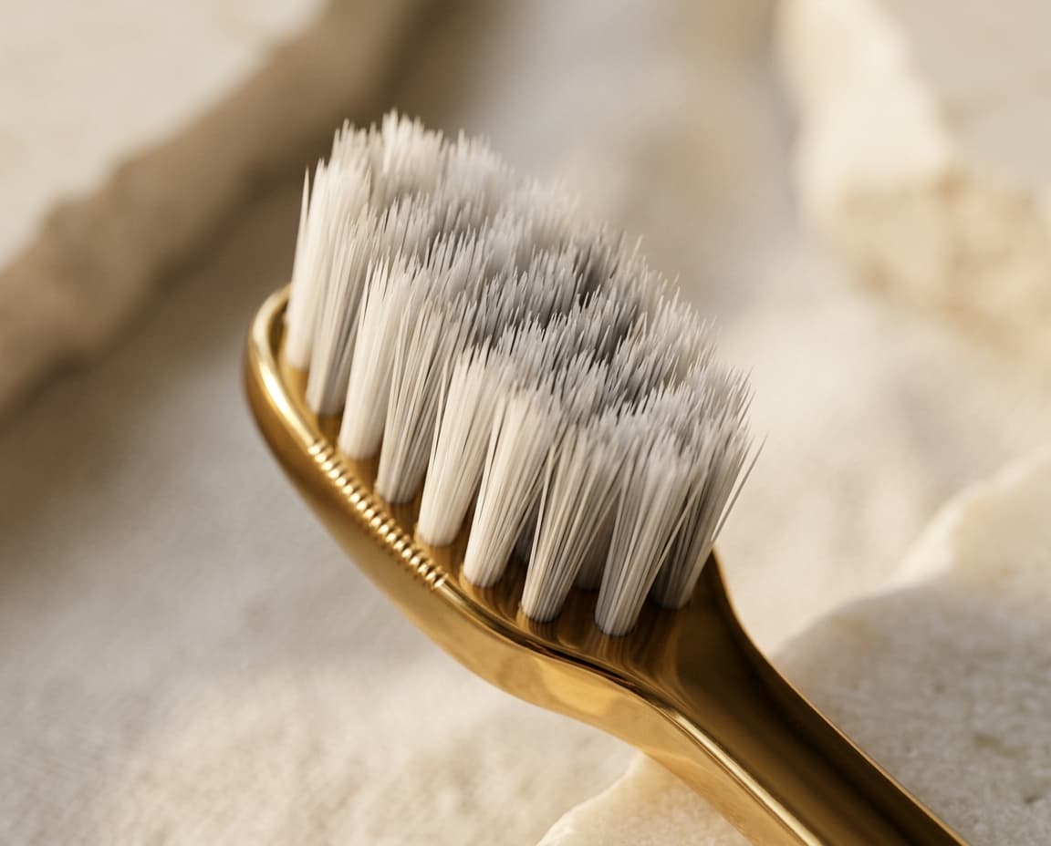 Close-up of tapered white and grey bristles with a gold neck ring
