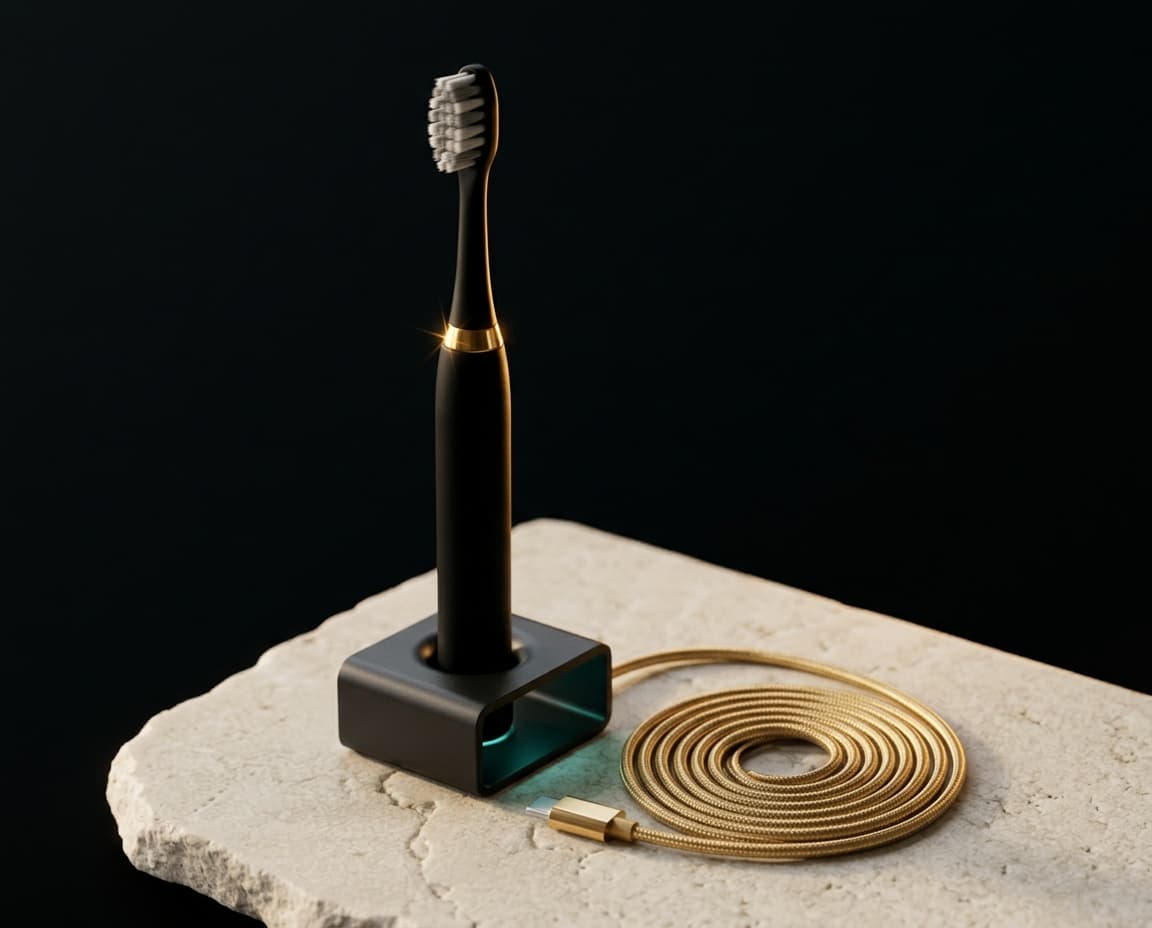 Loomsy brush charging on a night counter with a gold USB-C cable
