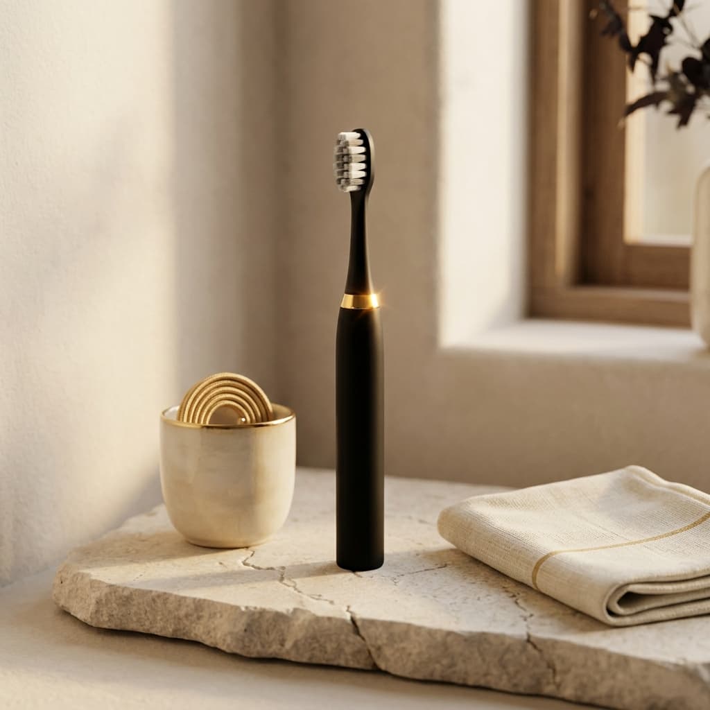 Loomsy brush on a cream bathroom ledge at dawn