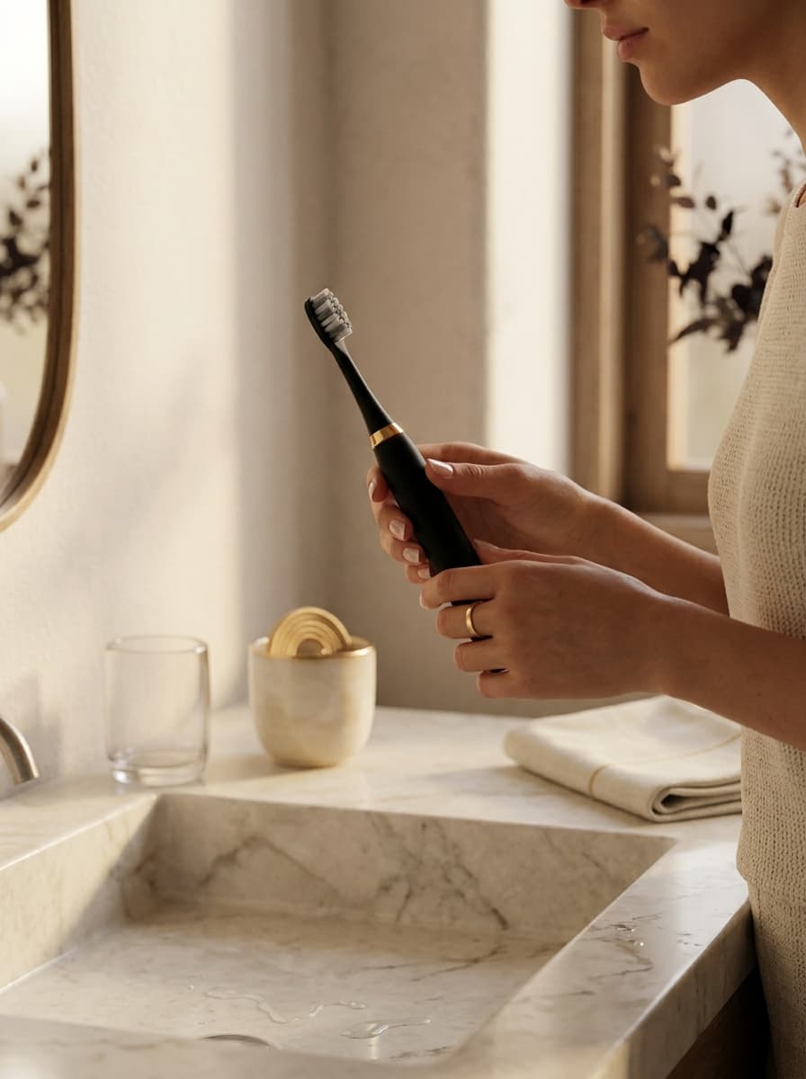 Hands holding a Loomsy brush at a marble sink
