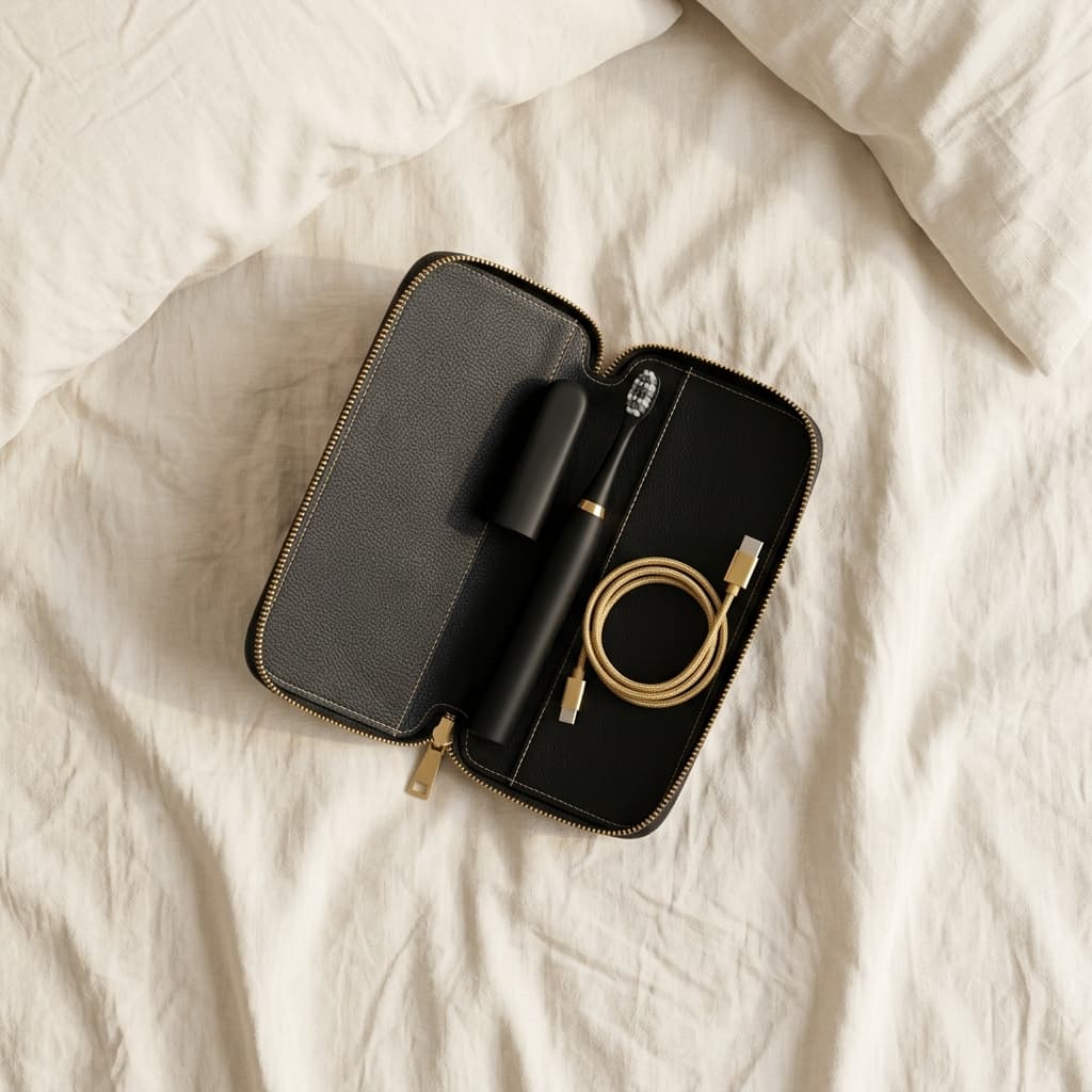 Travel pouch with Loomsy brush and USB-C cable