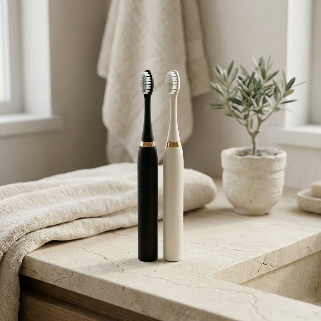Noir and Ivory brushes standing together on limestone